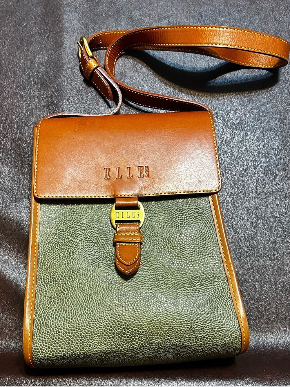 Elle Olive Green and Tan Leather Messenger Crossbody (see description)
